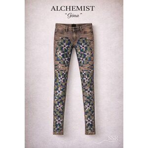 Alchemist Gina Skinny Jeans Sequin Camo Pink Brown Distressed Zip Ankle Italy 27